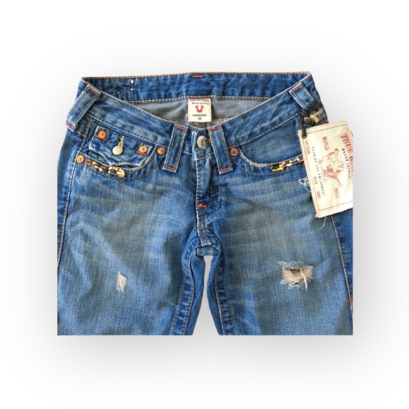 HTF: new True Religion ❉ Joey Vintage Beaded Cropped Crop Jeans ❉ Saddle Back 25 - Picture 9 of 17